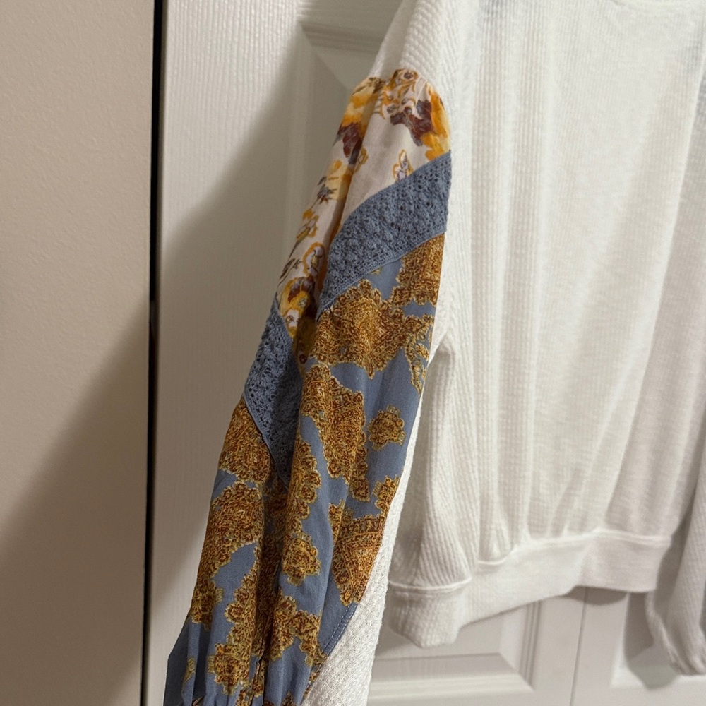 Free People White And Blue Patchwork Sweater - image 6